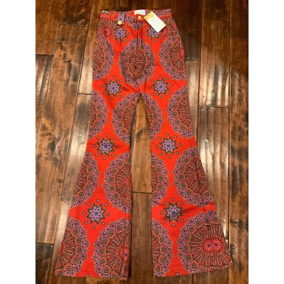 Haley Menzies Red Paisley Hay Scarlet Dalton Flare Jeans, Size 25, NWT! $435